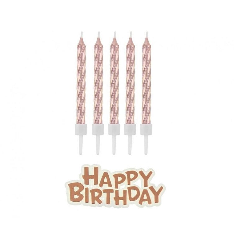 Product Image for Tårtljus Roséguld 16-pack med Happy Birthday skylt