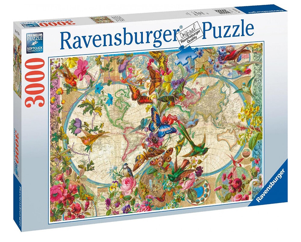 Ravensburger Pussel - Världskarta med blommor och djur 3000 bitar