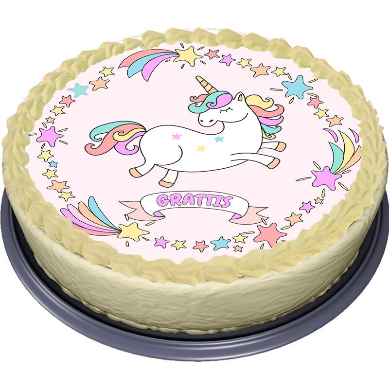 Enhörning Grattis Tårtbild Sockerpasta 20 cm