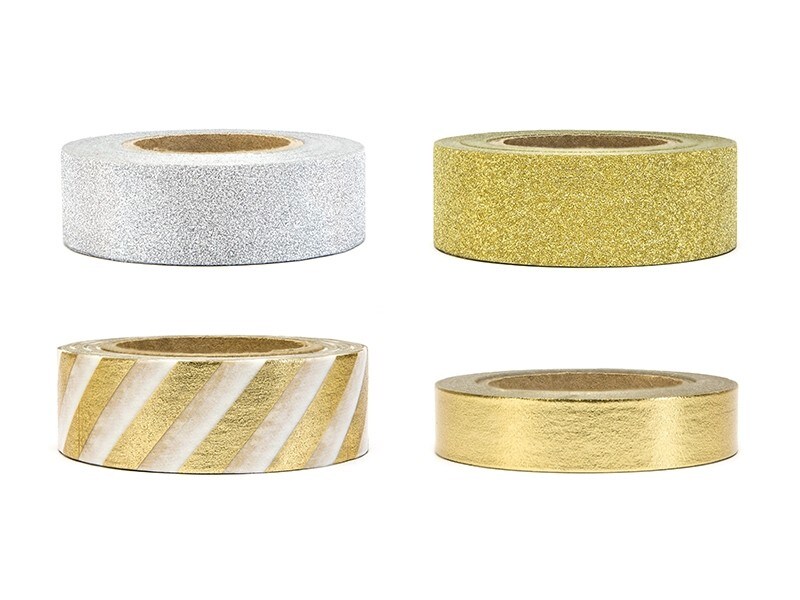 Dekortejp Washi, Guld och Silver 4 st