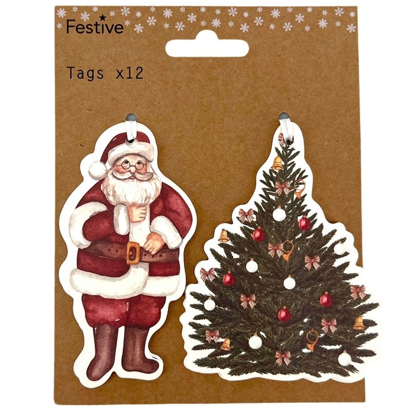 Julklappsetiketter Tomte och Julgran 12-pack