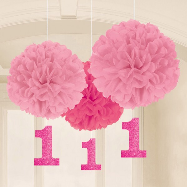 Pom pom dekorationer 1 år rosa 3-pack