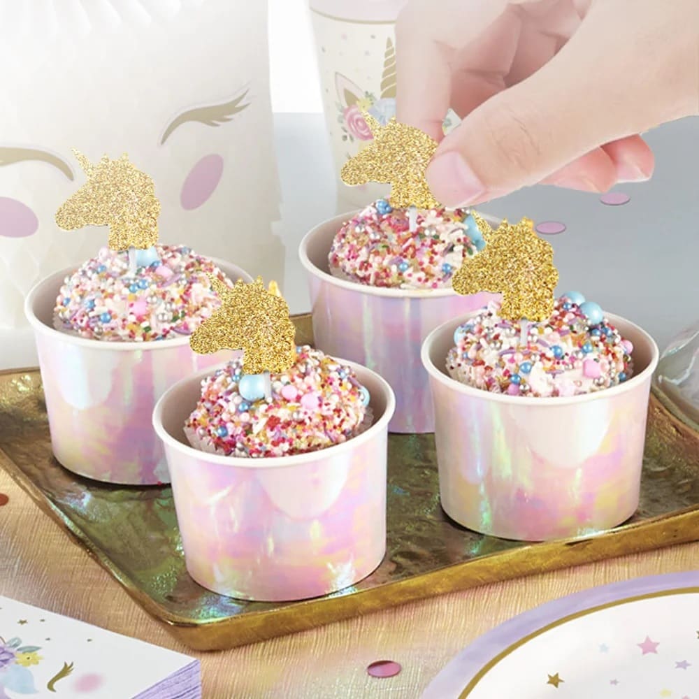 Cake Toppers - Guldglittrande enhörningar 12-pack
