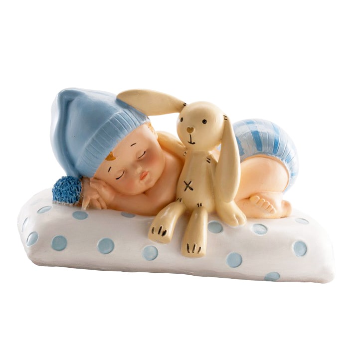 Tårtdekoration - Baby i blått med gosedjur 10 cm