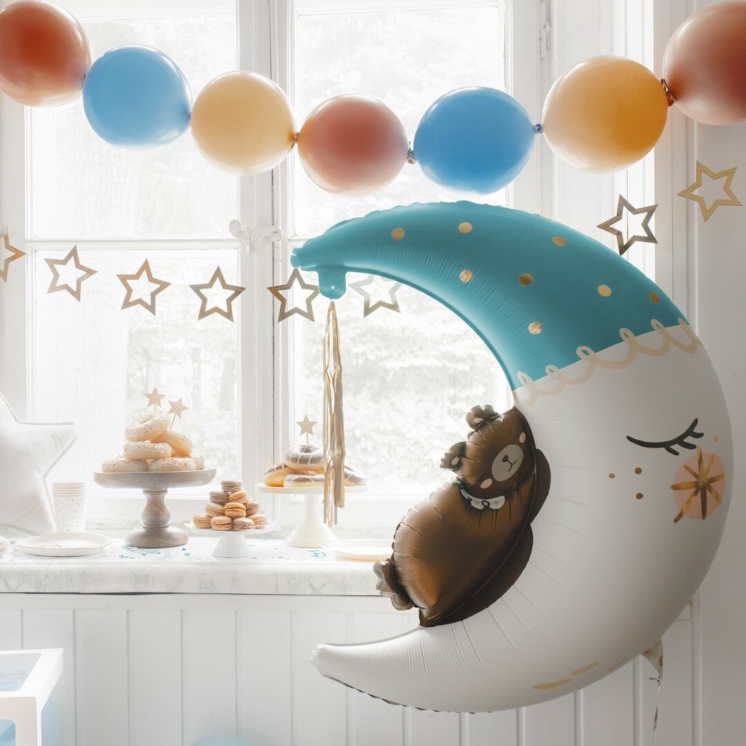 Folieballong - Halvmåne med teddybjörn blå 80 x 98 cm