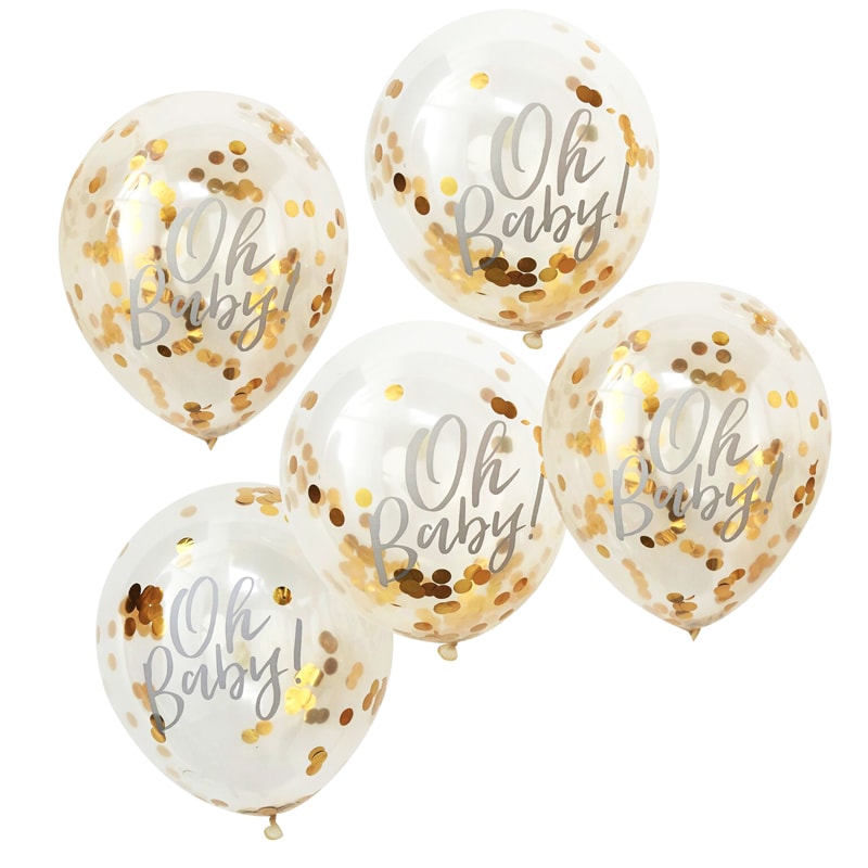 Oh Baby - Ballonger med guldkonfetti 5-pack