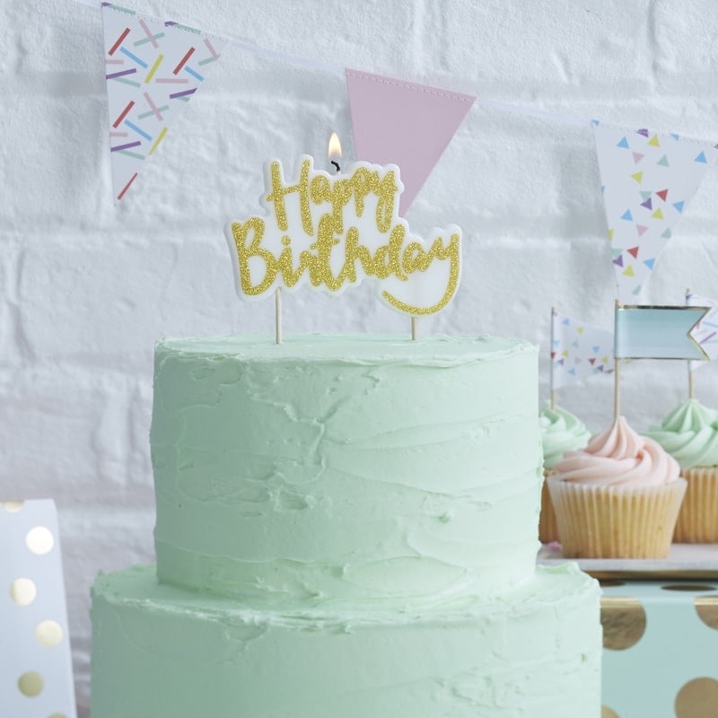 Tårtljus - Happy Birthday med guldglitter