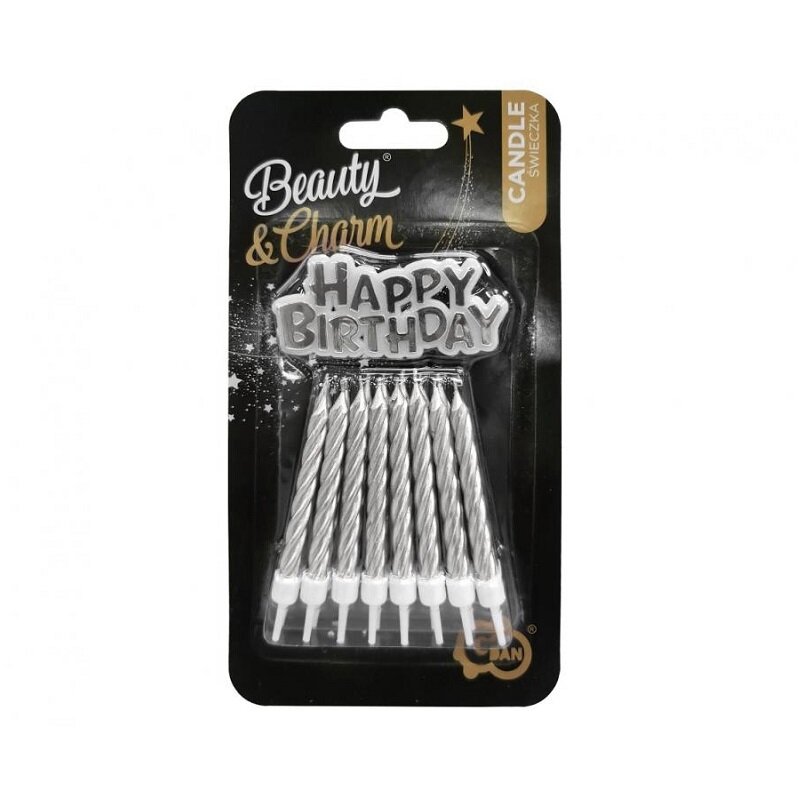 Tårtljus Silver 16-pack med Happy Birthday skylt