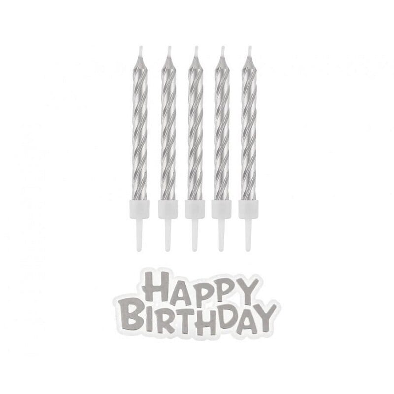 Tårtljus Silver 16-pack med Happy Birthday skylt