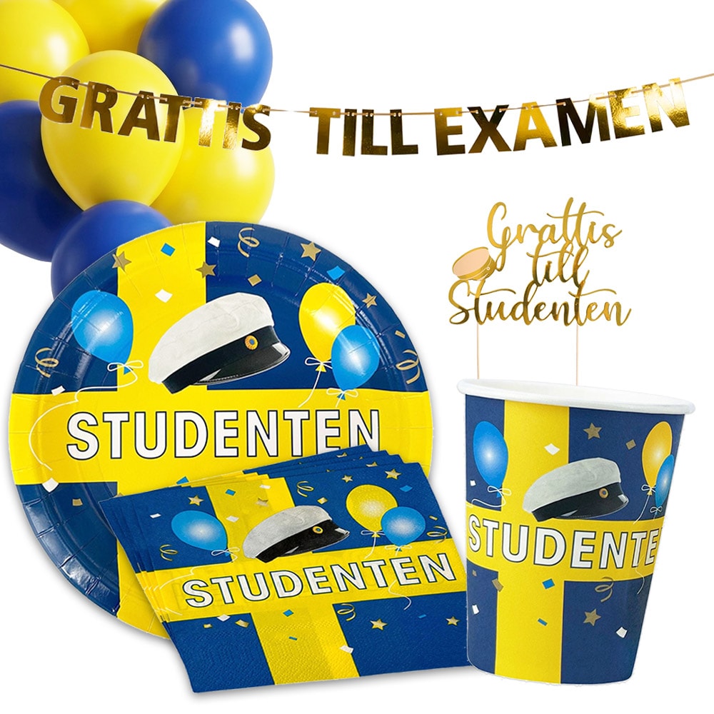 Studentkit för 24 personer med dukning, dekorationer och ballonger