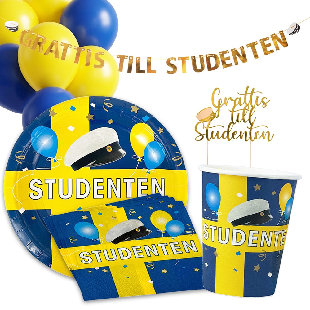 Studentkit för 12 personer med dukning, dekorationer och ballonger