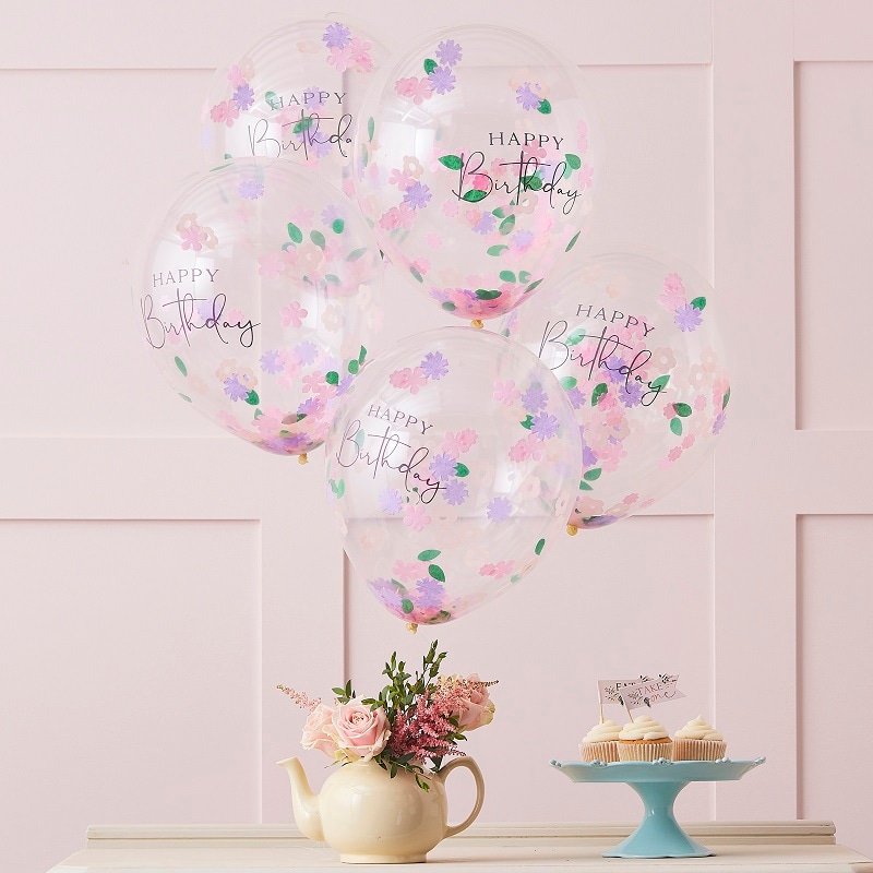 Ballonger - Happy Birthday med blomkonfetti 5-pack