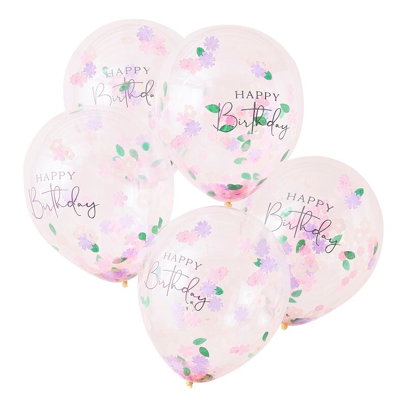 Ballonger - Happy Birthday med blomkonfetti 5-pack